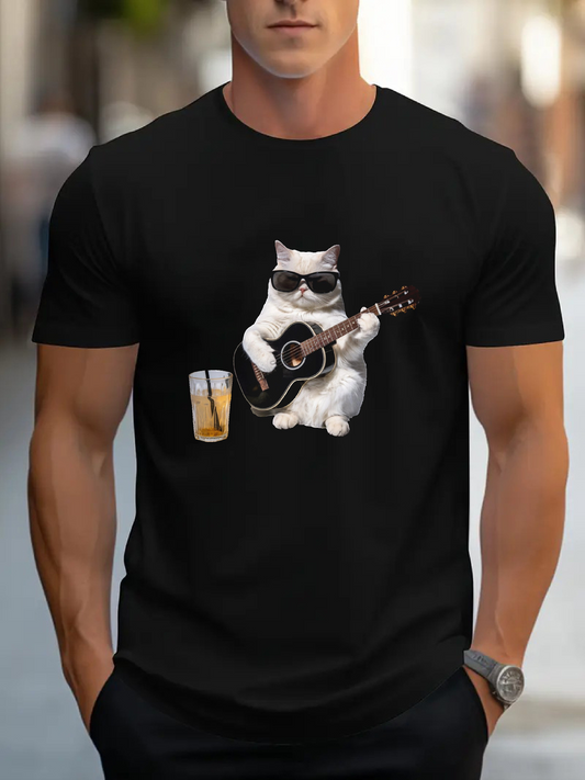 Men's Graphic T-Shirt Cool Cat Wearing Sunglasses Playing Guitar Beside Refreshing Lemonade Cat