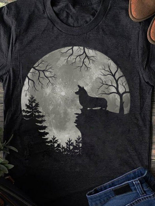 Men's Graphic T-Shirt Dark Night Silhouetted Trees Under Full Moon With Howling Wolf