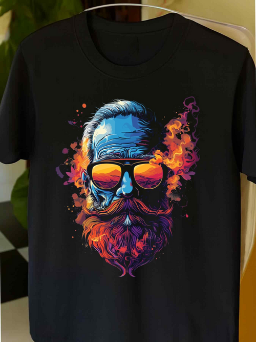 Men's Graphic T-Shirt Colorful Flaming Reflections With Hipster Bearded Man Portrait