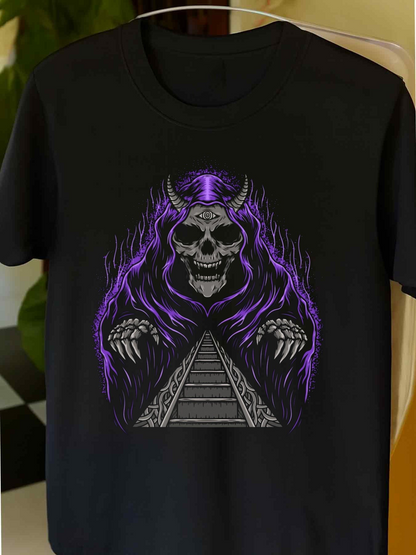 Men's Graphic T-Shirt Purple Lightning And Mystic Skull Over A Dark Pyramid