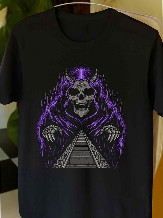 Men's Graphic T-Shirt Purple Lightning And Mystic Skull Over A Dark Pyramid