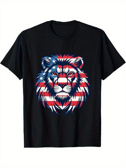 Men's Graphic T-Shirt Patriotic Red White Blue Lion With American Flag Mane Lion