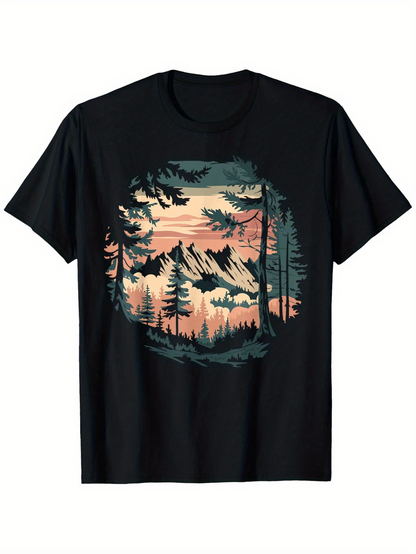 Men's Graphic T-Shirt Peaceful Sunset Forest With Silhouetted Pine Trees And Majestic Mountain Landscape