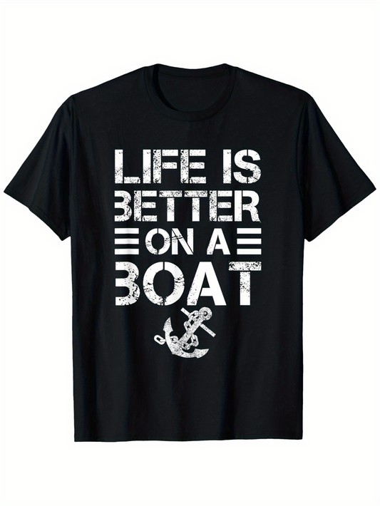 Men's Graphic T-Shirt Life Is Better On A Boat Distressed Lettering With Anchor Graphic Over Nautical Theme Boat
