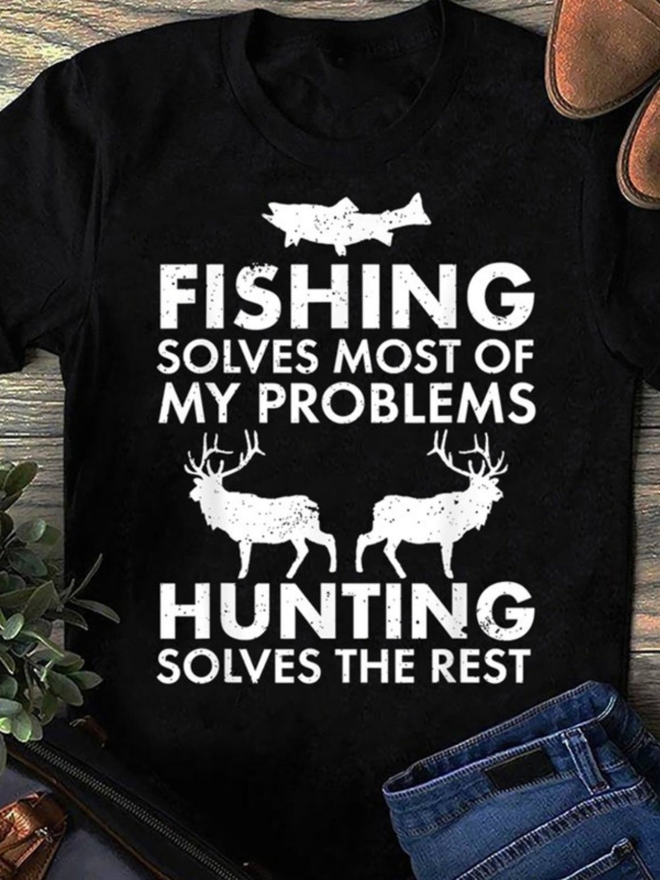 Men's Graphic T-Shirt Fishing Solves Problems With Deer And Fish Graphic Black T Shirt