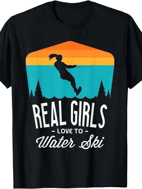 Men's Graphic T-Shirt Real Girls Love To Water Ski Silhouette Sunset With Forest And Water Sport Girl