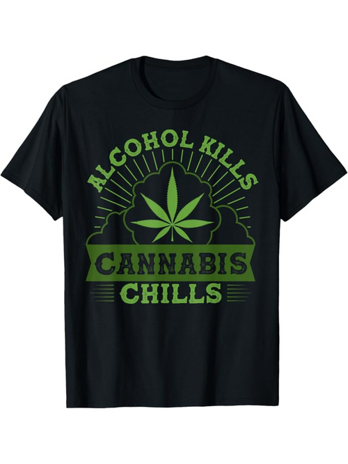 Men's Graphic T-Shirt Alcohol Kills Cannabis Chills Green Marijuana Leaf And Banner Design T Shirt