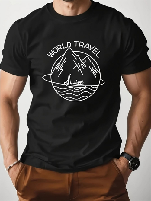 Men's Graphic T-Shirt World Travel Mountain Cruise With Calm River And Reflected Peaks