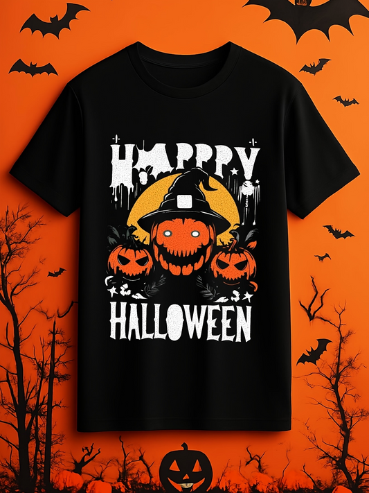 Men's Graphic T-Shirt Happy Halloween Creepy Smiling Pumpkins With Witches Hat Under Moonlight