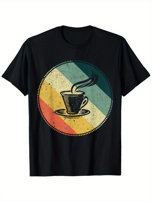 Men's Graphic T-Shirt Retro Vintage Stripes With Steaming Hot Coffee Cup
