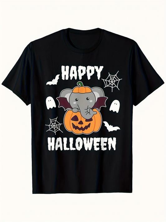 Men's Graphic T-Shirt Happy Halloween Cute Elephant With Pumpkin Bats And Spider Webs