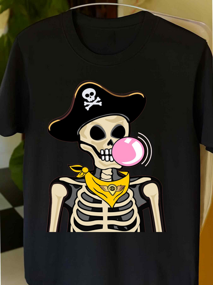 Men's Graphic T-Shirt Yellow Bandana Pirate Hat With Bubblegum Chewing Skeleton
