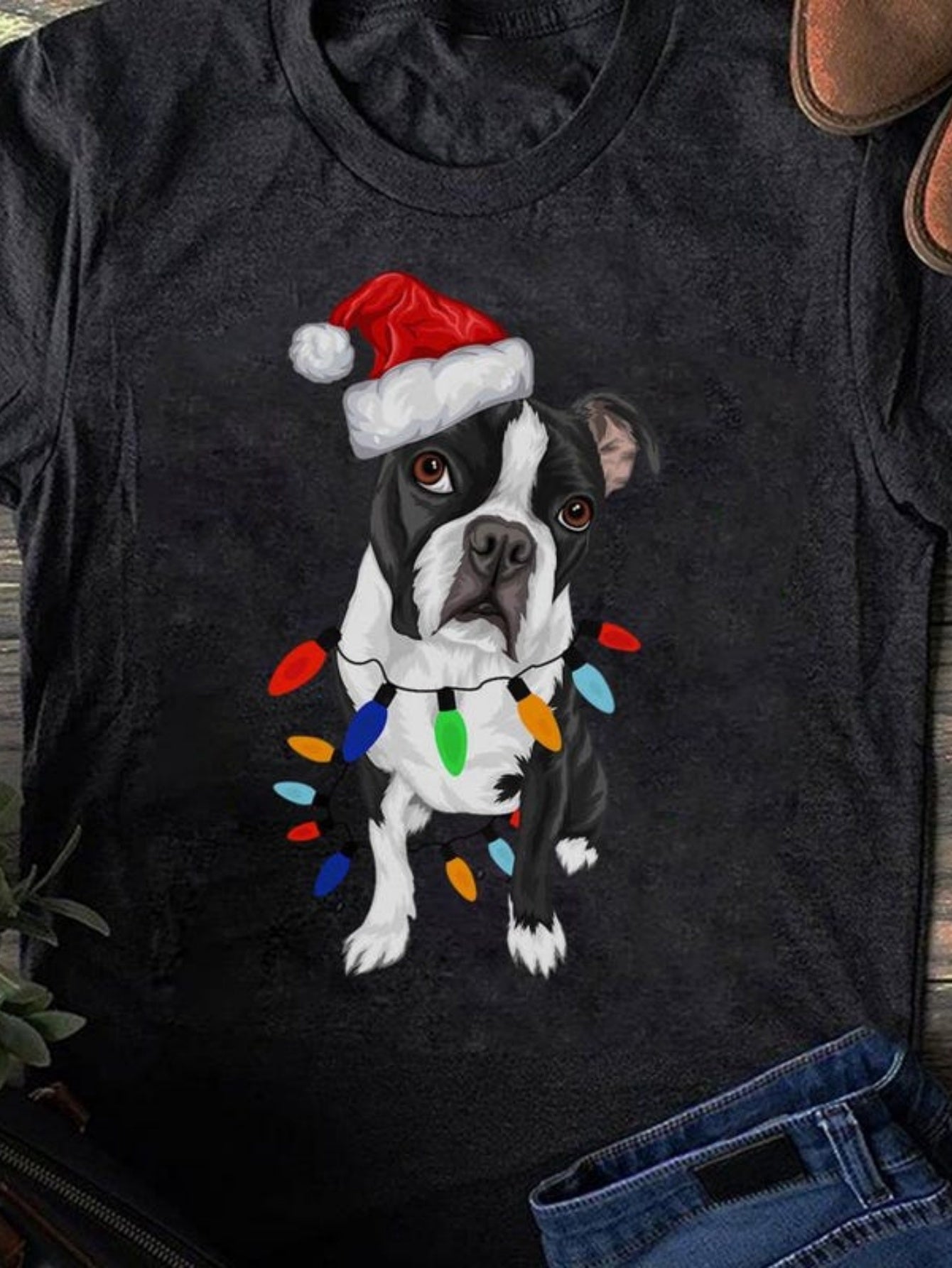 Men's Graphic T-Shirt Festive Boston Terrier Wearing Santa Hat With Christmas Lights Dog