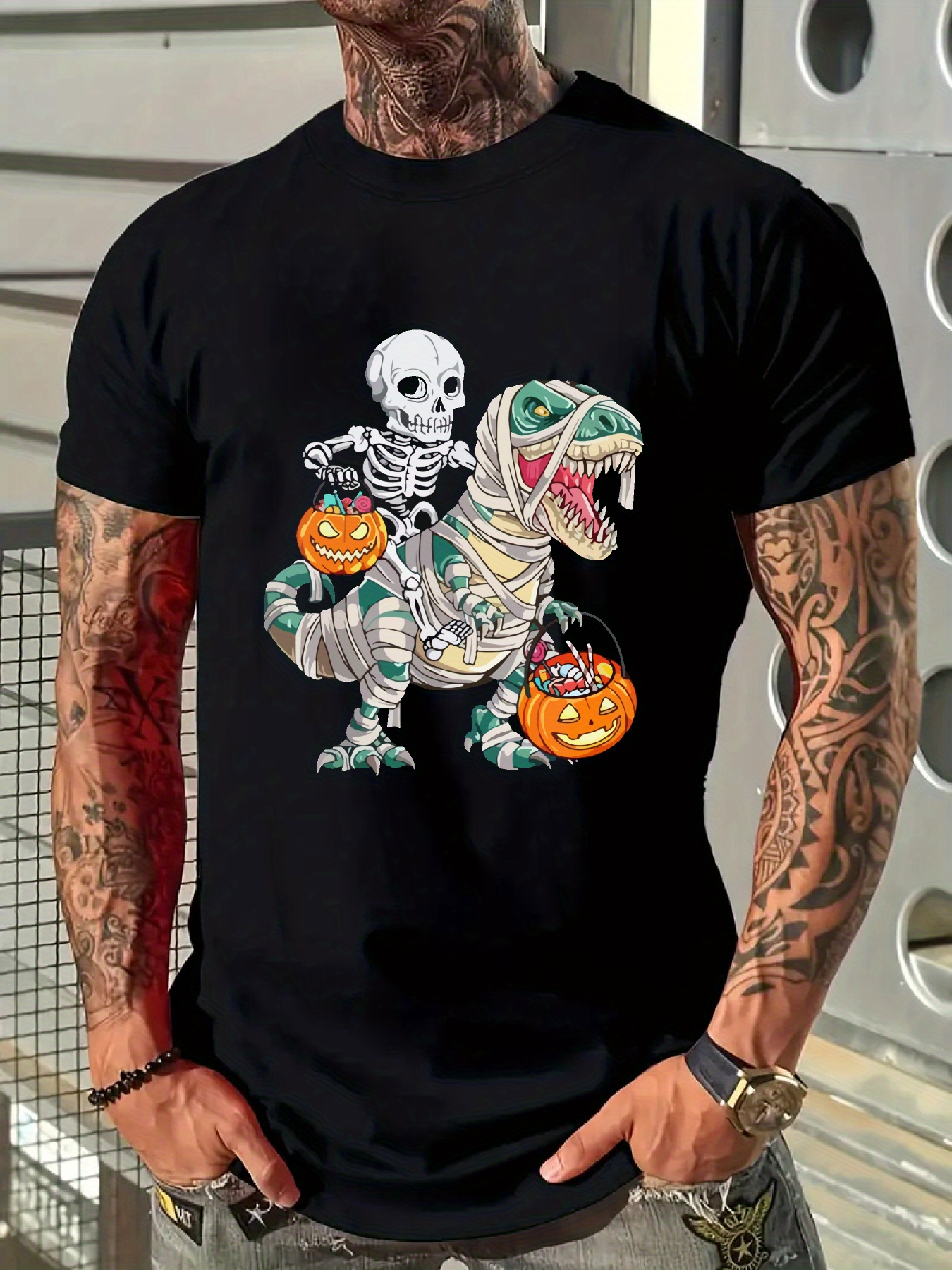 Men's Graphic T-Shirt Halloween Skeleton Trick Or Treat With Mummy Dinosaur And Pumpkins