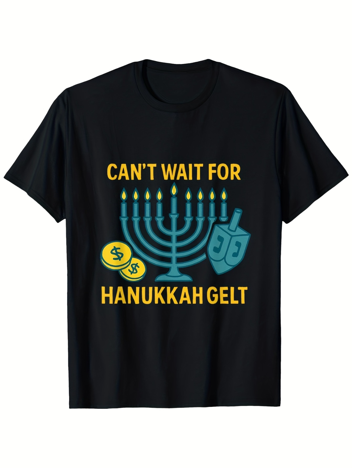 Men's Graphic T-Shirt Cant Wait For Hanukkah Gelt Glowing Menorah With Dreidel And Coins