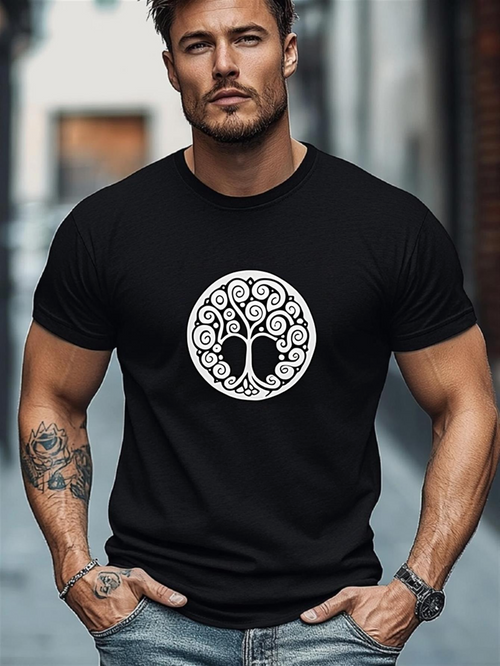 Men's Graphic T-Shirt Intricate Circular Swirling Design Featuring Ancient Mystical Branches Tree