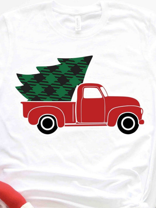 Men's Graphic T-Shirt Vintage Red Truck Carrying Festive Pine Tree Decoration