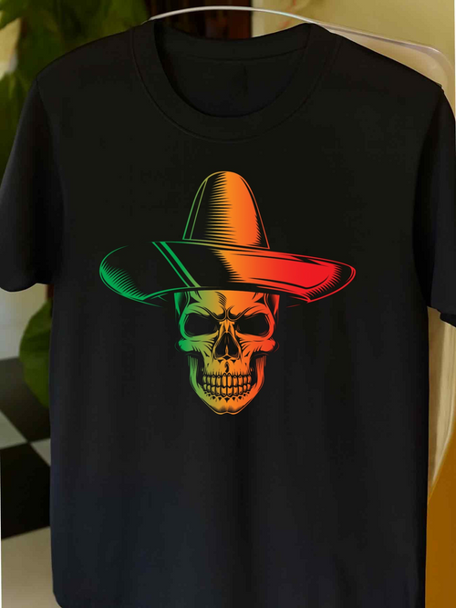 Men's Graphic T-Shirt Colorful Gradient Glow Among Shadows Under Mexican Sombrero Skull