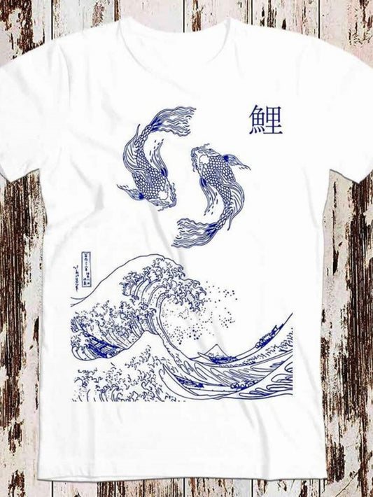 Men's Graphic T-Shirt Blue Water Splash With Detailed Japanese Waves And Two Swimming Koi Fish