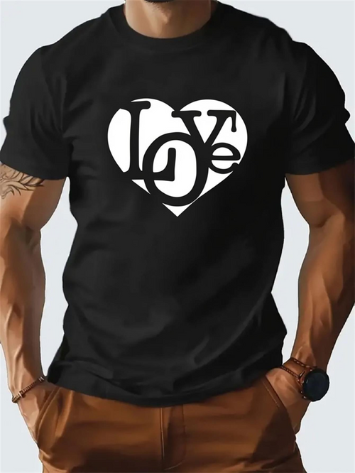 Men's Graphic T-Shirt Love Typography Heart Within Bold Contrasting Black Shirt Graphic
