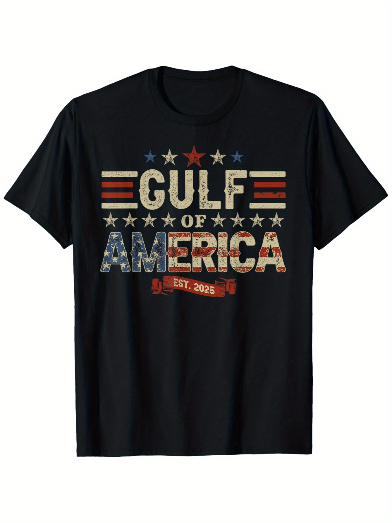 Men's Graphic T-Shirt Vintage Striped Stars With Patriotic Letters Over Classic Black T Shirt