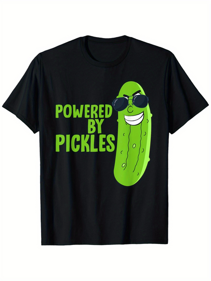 Men's Graphic T-Shirt Powered By Pickles Smiling Sunglasses Cartoon With Funky Happy Pickle