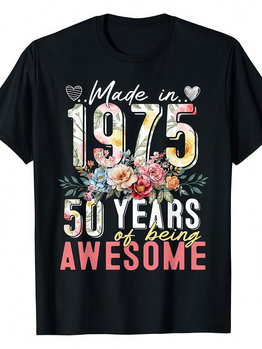 Men's Graphic T-Shirt Made In 1975 Colorful Floral Design With Decorative Lettering Centered Awesome