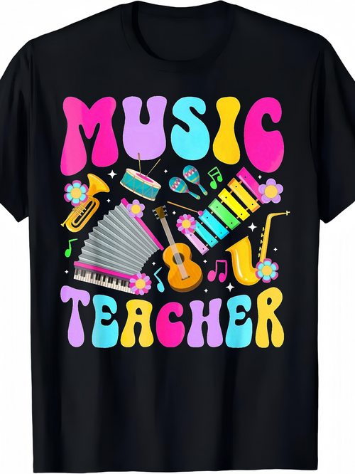 Men's Graphic T-Shirt Music Teacher Surrounded By Colorful Musical Instruments Vibrant Festival Party Guitar