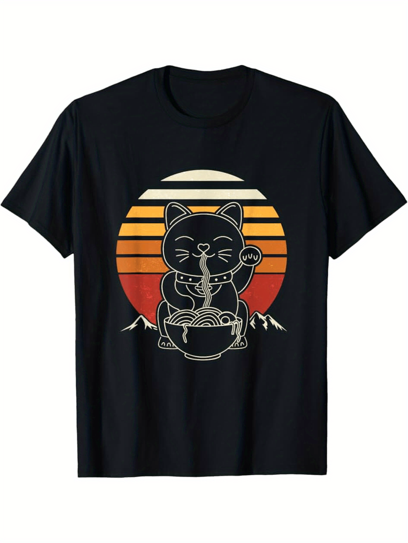 Men's Graphic T-Shirt Retro Sunset With Lucky Cat Enjoying Hot Ramen Bowl