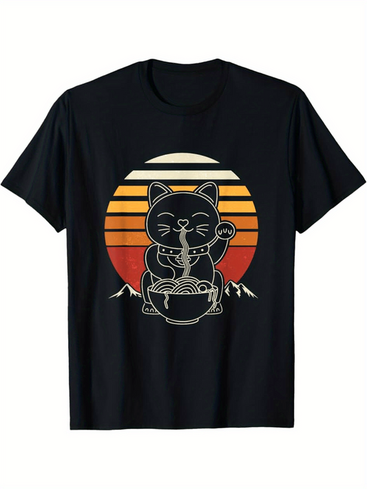 Men's Graphic T-Shirt Retro Sunset With Lucky Cat Enjoying Hot Ramen Bowl