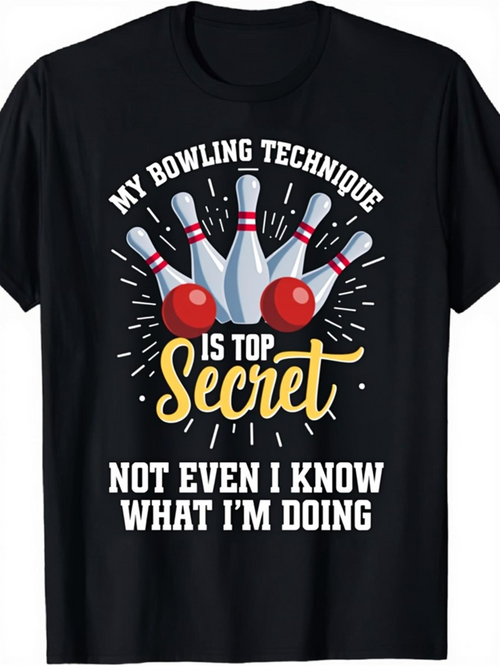 Men's Graphic T-Shirt My Bowling Technique Is Top Secret With Falling Pins Striking Red Bowling Ball