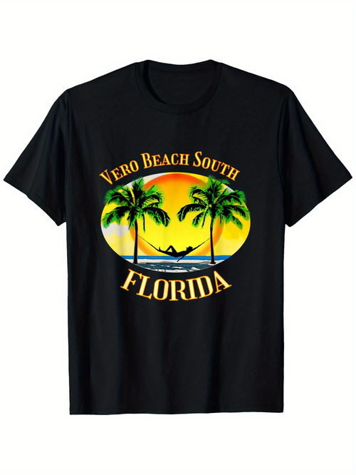 Men's Graphic T-Shirt Vero Beach South Florida Sunset Palms With Hammock Silhouette Under Evening Sky Beach