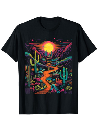 Men's Graphic T-Shirt Vibrant Desert Landscape With Colorful Cacti Under Glowing Sunset Sky