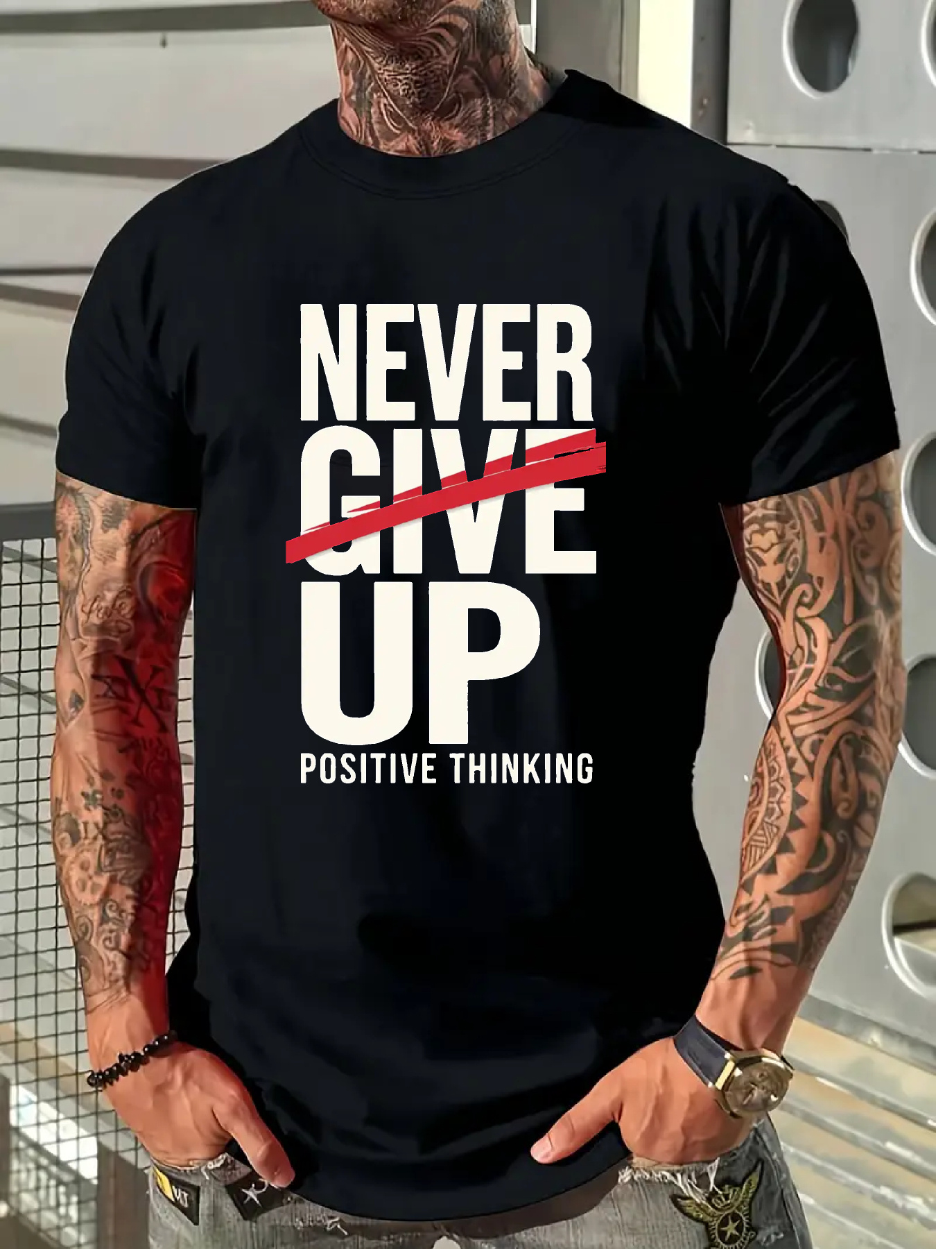 Men's Graphic T-Shirt Never Give Up Motivational Slogan With Striking Bold Letters On Black Shirt