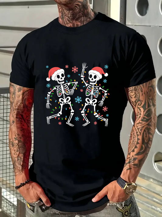 Men's Graphic T-Shirt Dancing Skeletons With Santa Hats Surrounded By Snowflakes Christmas Skeleton