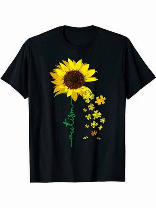 Men's Graphic T-Shirt Autism Awareness Flowing Sunflower With Scattered Puzzle Pieces