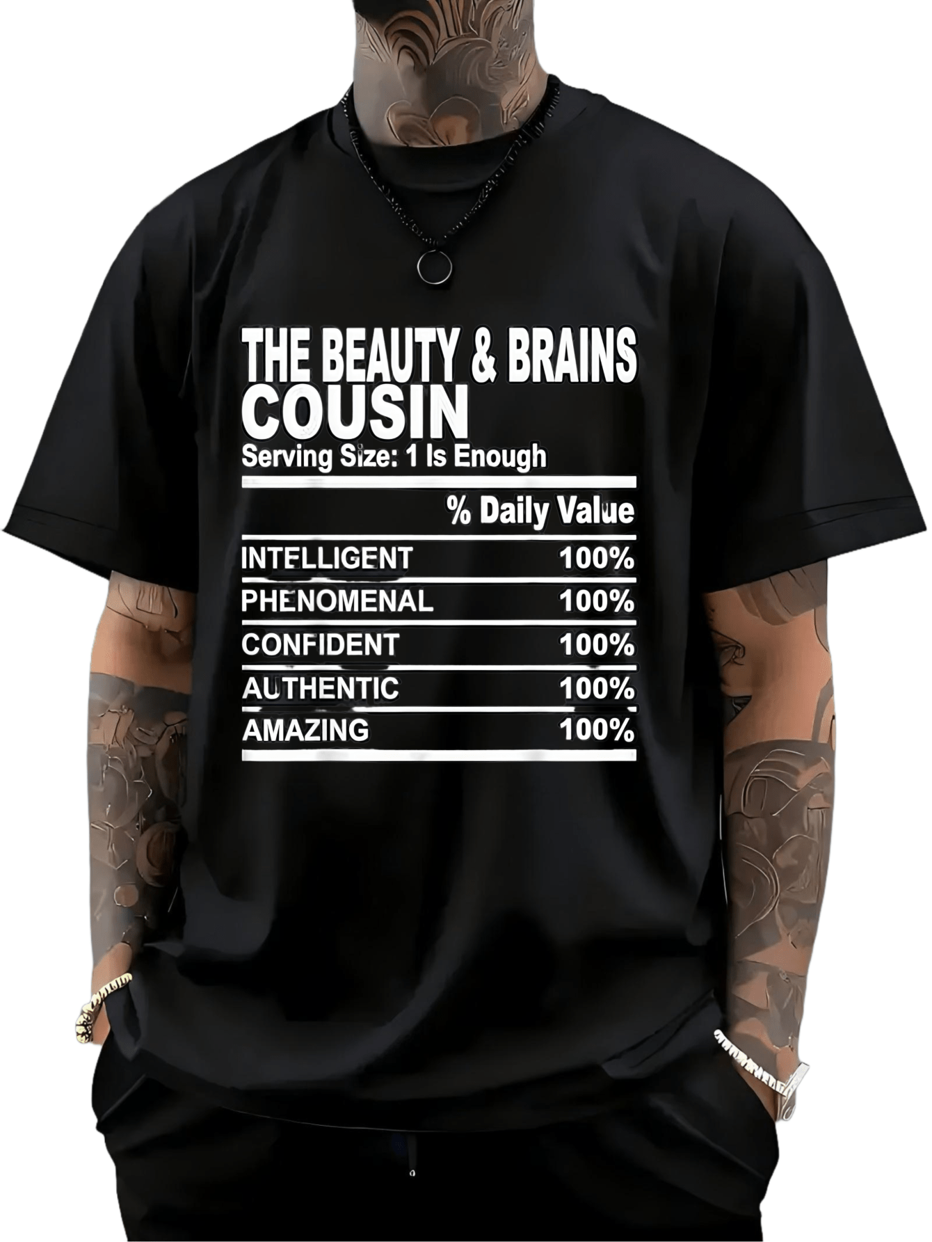 Men's Graphic T-Shirt The Beauty And Brains Confident List With Bold Text On Black Shirt