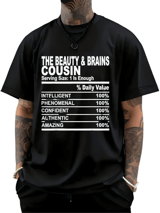 Men's Graphic T-Shirt The Beauty And Brains Confident List With Bold Text On Black Shirt