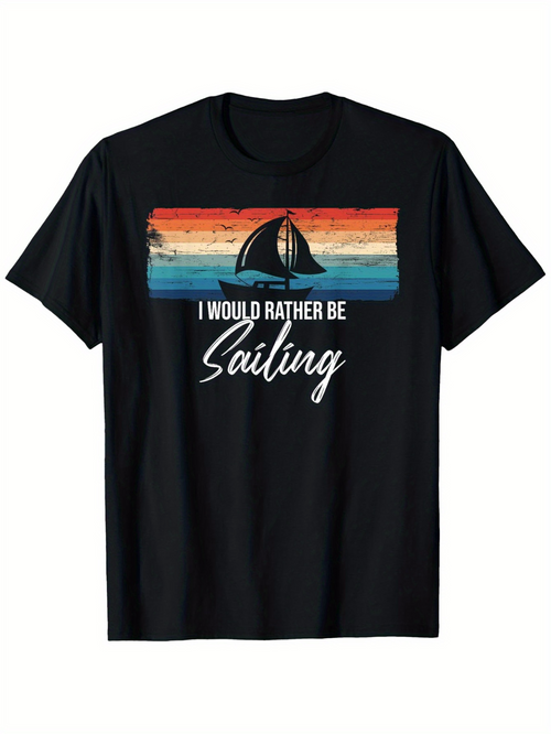 Men's Graphic T-Shirt I Would Rather Be Sailing Retro Sunset With Sailboat And Gentle Ocean Waves