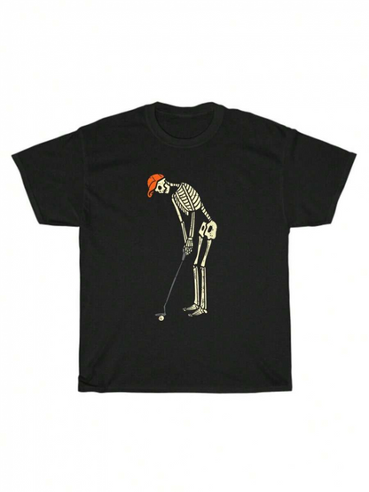 Men's Graphic T-Shirt Vintage Punk Skeleton Playing Golf With Red Cap On Black Tee