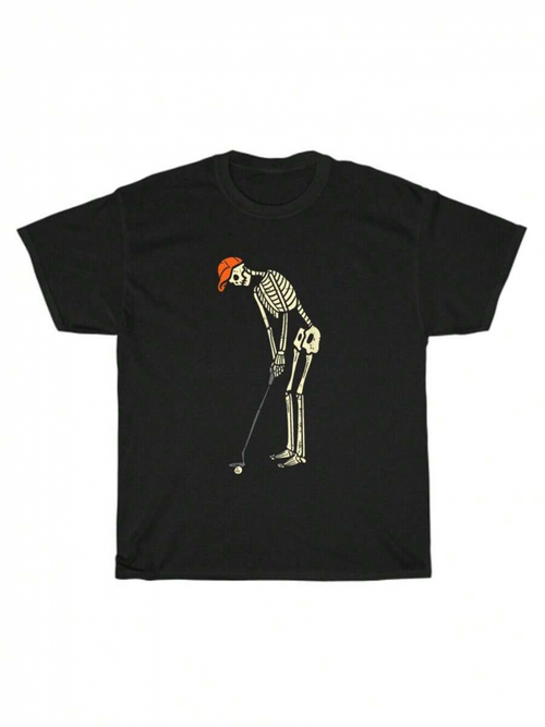Men's Graphic T-Shirt Vintage Punk Skeleton Playing Golf With Red Cap On Black Tee