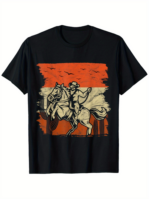 Men's Graphic T-Shirt Retro Sunset With Riding Cowboy On Majestic Horse Graphic