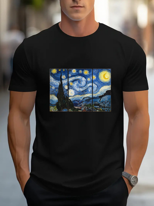Men's Graphic T-Shirt Vivid Night Sky Swirling Blue Patterns Among Golden Stars Landscape