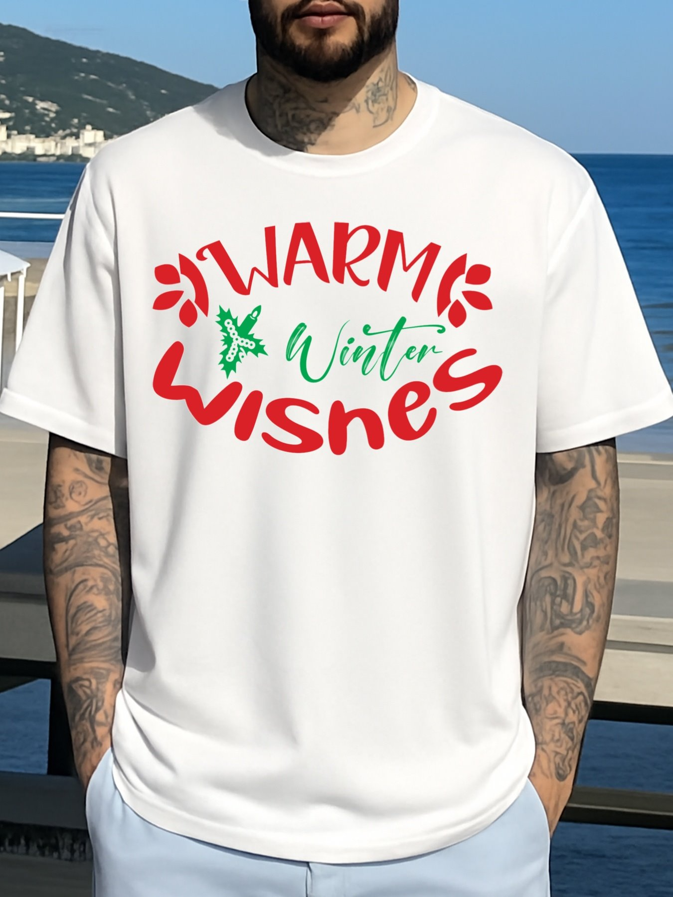 Men's Graphic T-Shirt Warm Winter Wishes With Green Holly Accents On Cozy Shirt