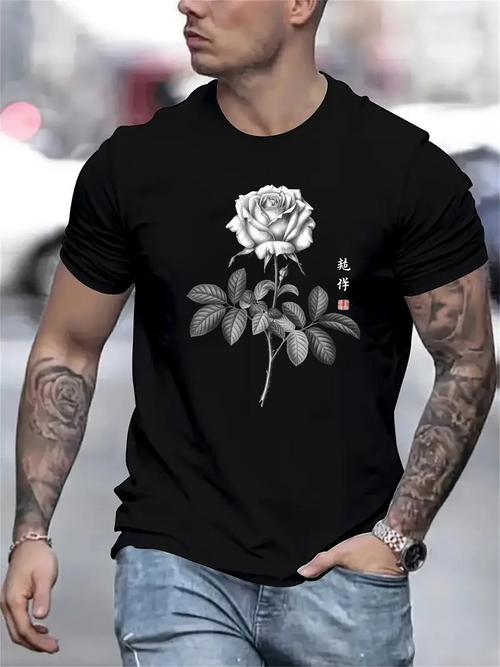 Men's Graphic T-Shirt Traditional Shaded Leaves Under A Single Large Blooming Rose