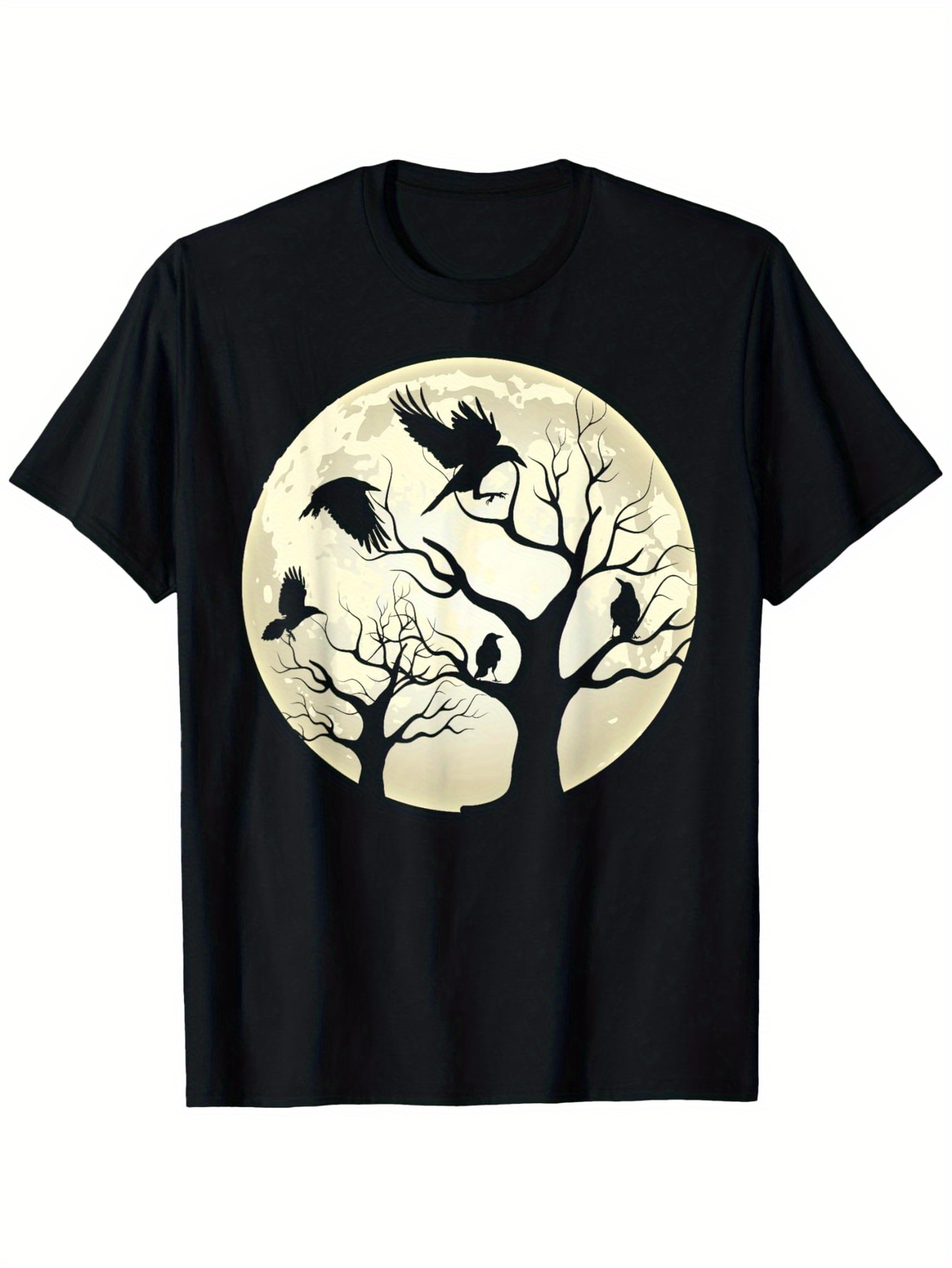 Men's Graphic T-Shirt Full Moon Glow With Perched Ravens Among Bare Branches Trees