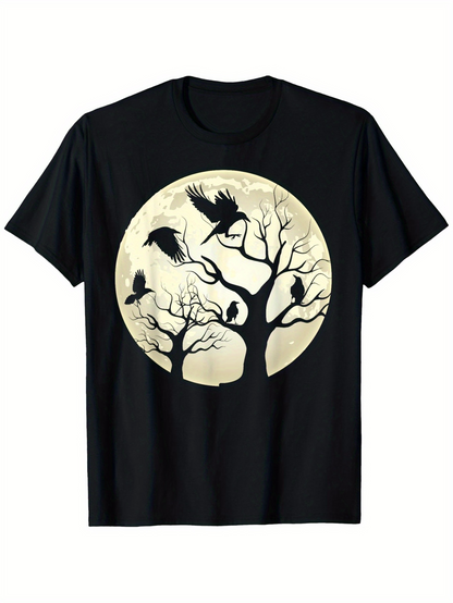 Men's Graphic T-Shirt Full Moon Glow With Perched Ravens Among Bare Branches Trees
