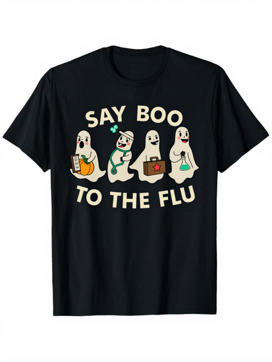 Men's Graphic T-Shirt Say Boo To The Flu Playful Ghosts With Medical Accessories Among Cheerful Halloween Spirits