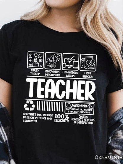 Women's Graphic T-Shirt Teacher Icons With Motivational Words And Barcode Elements Teacher