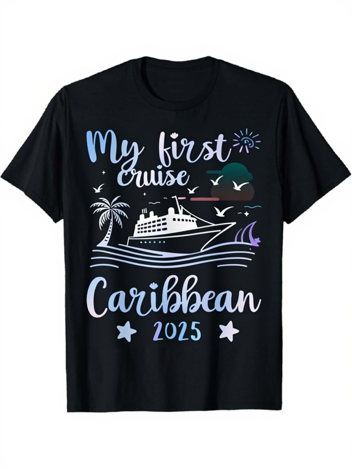 Men's Graphic T-Shirt My First Cruise Caribbean 2025 Palm Trees Waves Seagulls At Sunset With Large Ship